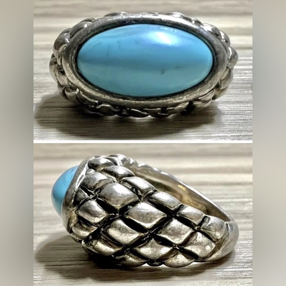 Vintage Heavy Chunky Sterling Silver Turquoise Textured Dome Ring, Size 6.5